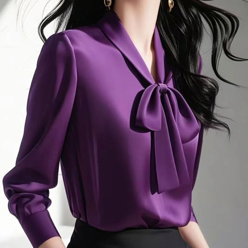 السيدات مكتب سيدة البساطة بلون الخامس الرقبة القوس بلوزة من الساتان 2025 ربيع جديد عصري الداخلية اللف كم طويل بلايز #2