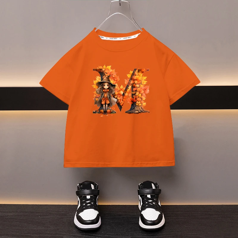 Maple Leaves Letter M Children T-shirt Kawaii Clothes for Girls T Shirt Anime Cartoons Casual Kid Boy Short Sleeve Tops New 2024