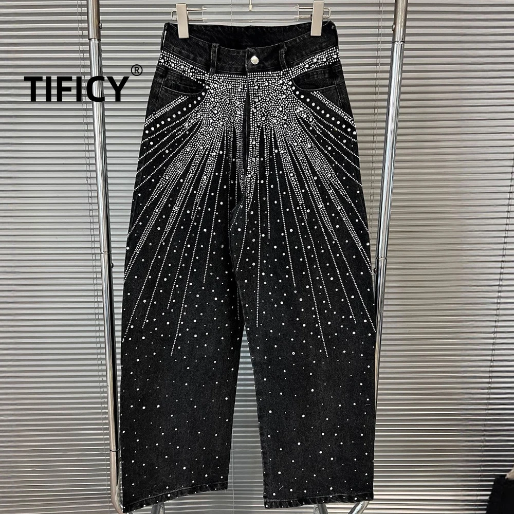 

High Street Summer New Star Studded Curved Knife Jeans Pants Women's Loose Fit and Slimming, Wide Leg Streetwear Denim Pants