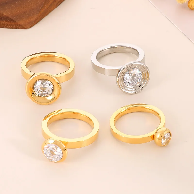 Fashion White Shiny Zircon Round Rings for Women Girl Gold Silver Color Stainless Steel Ring Elegant Unique French Jewelry Mujer