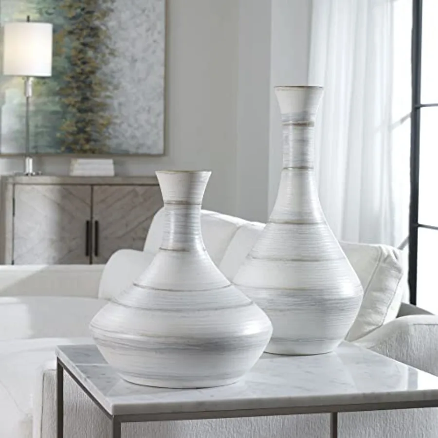 Home decor vase set: fluted striped ceramic white and gray 20.6-inch height elegant texture and modern minimalist design