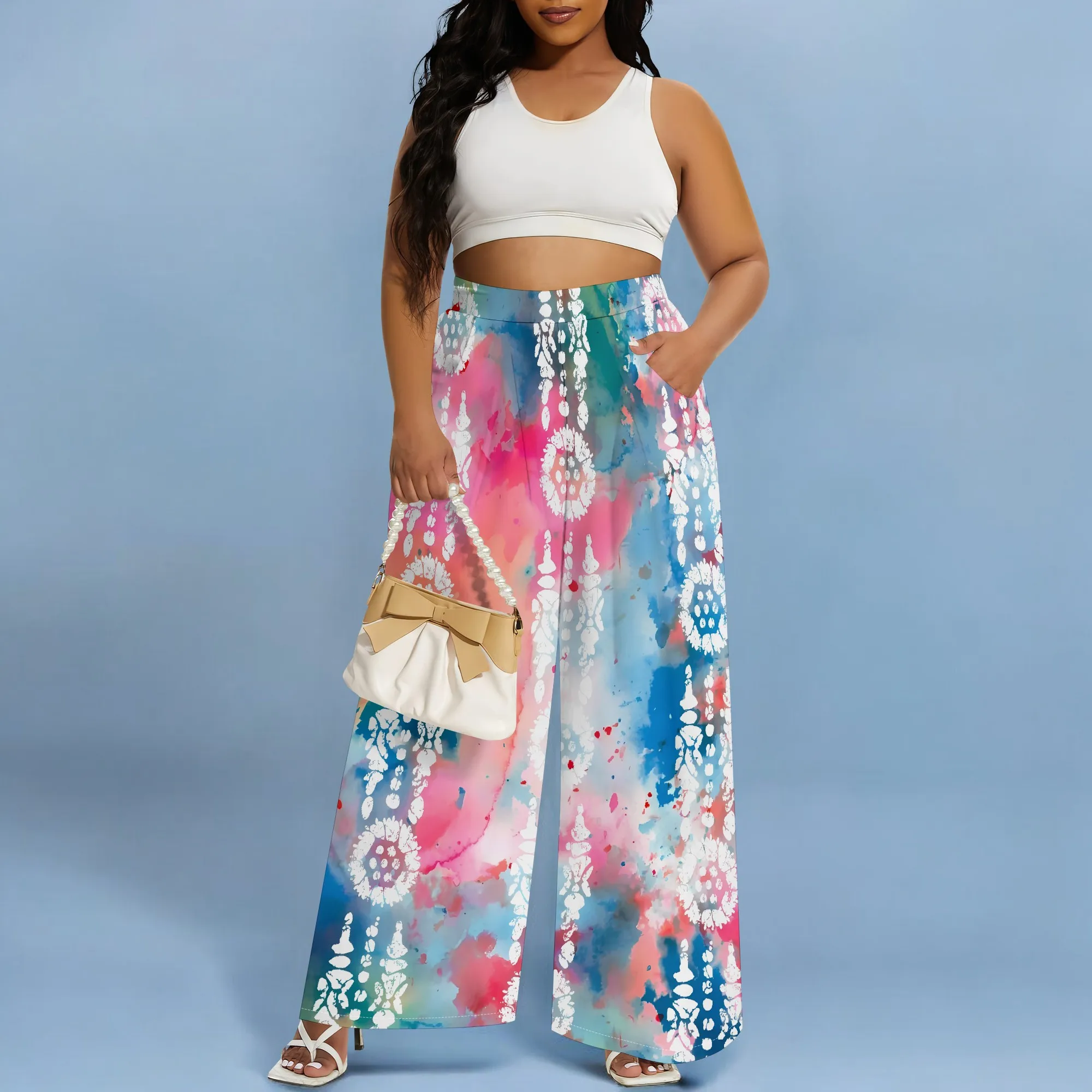 

Nupusa Tie - Dye Wide - Leg Pants, Women's Standard Size, High - Waisted with Pockets, Colorful Casual Trousers