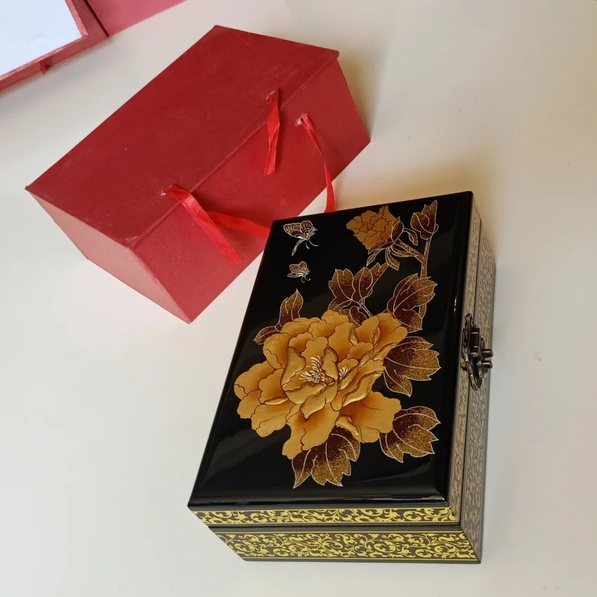 

HandmadeLacquerware Jewellery Storage Box Hand-painted Wooden Jewellery Box with Lock Creative Gift Double-Layer Jewellery Box