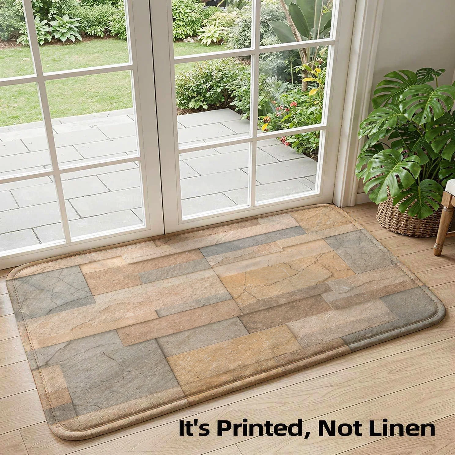 Rustic Stone Tile Runner Rug for Entryway Hallway Doormat Indoor Outdoor Home Decor Carpet Mat Neutral Beige Modern Bohemian Sty
