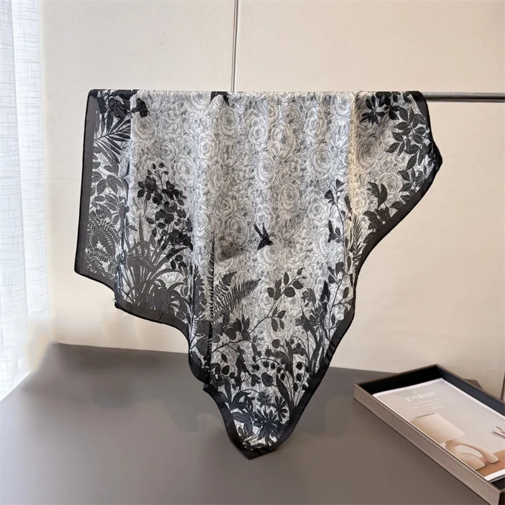 Elegant Thin Women Head Scarf Flower Printed 70cm Female Shawl Wrap Windproof Breathable Silk Scarves Summer Accessories