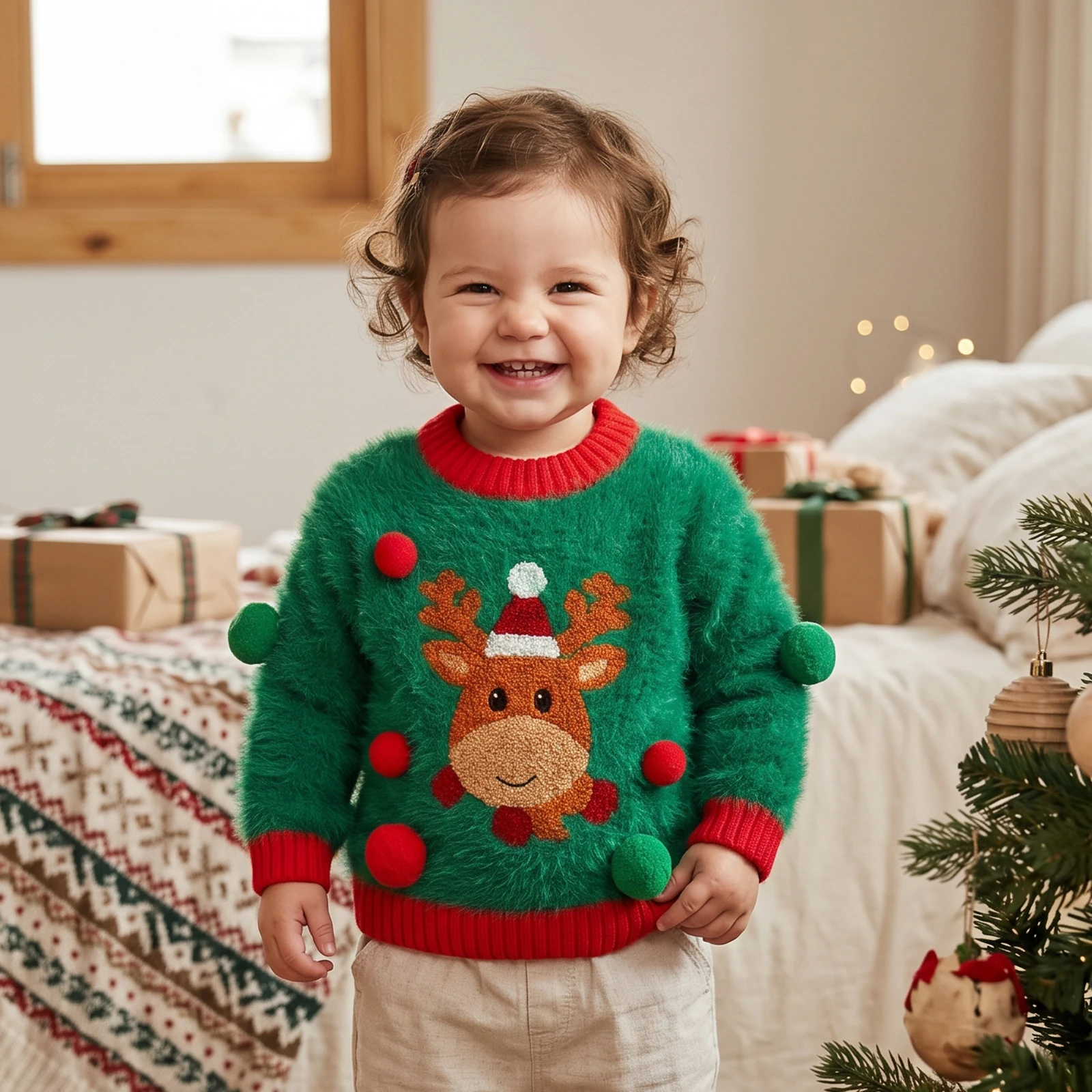 2027 New Years Toddler Baby Christmas Furry Sweaters Long Sleeve Round Neck Reindeer Winter Plush Ball Decor Tops Knit Pullover