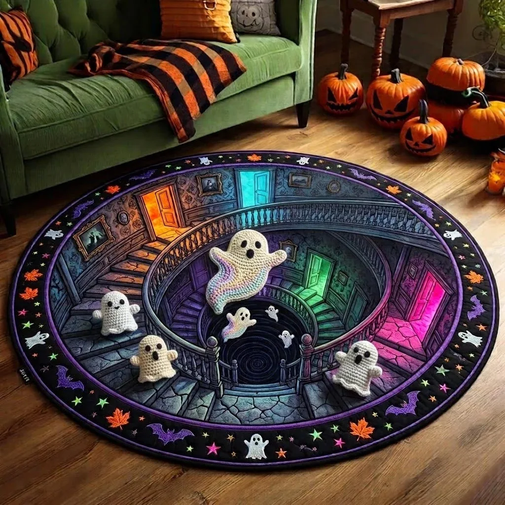 Round Area Rug 3D Vortex Halloween Ghost Non-Slip Circle Carpet for Living Room Sofa Spooky Castle Decor