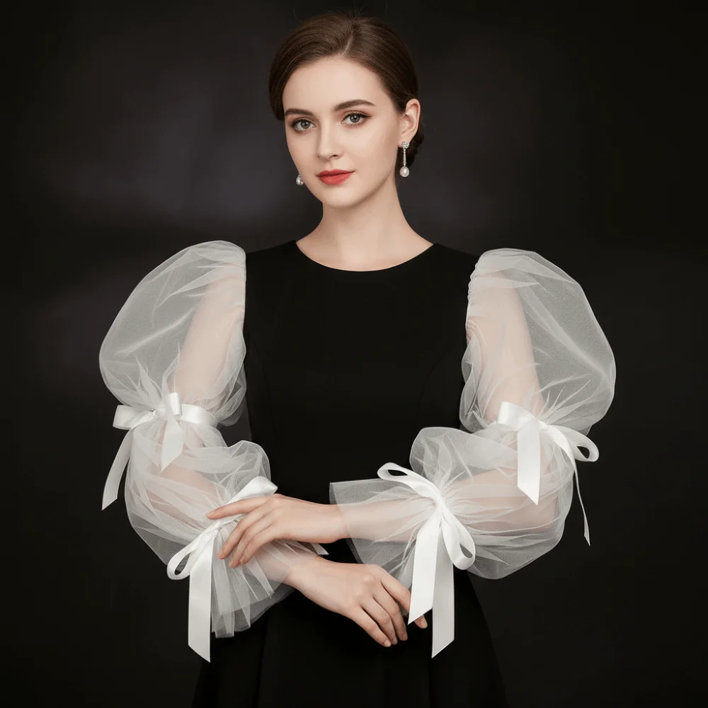 Elegant Ruffled White Arm Sleeves Fairy Sleeves Bowknot Bubble Sleeves Puffy Detachable Long Arm Covers Banquet