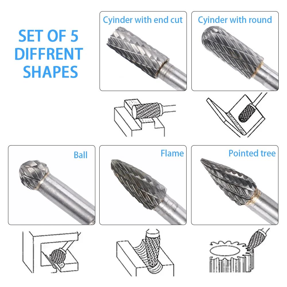 8mm Length 5Pcs Tungsten Carbide Rotary Files Woodworking Plastic Metal Iron Aluminum Stainless Steel Milling Cutter