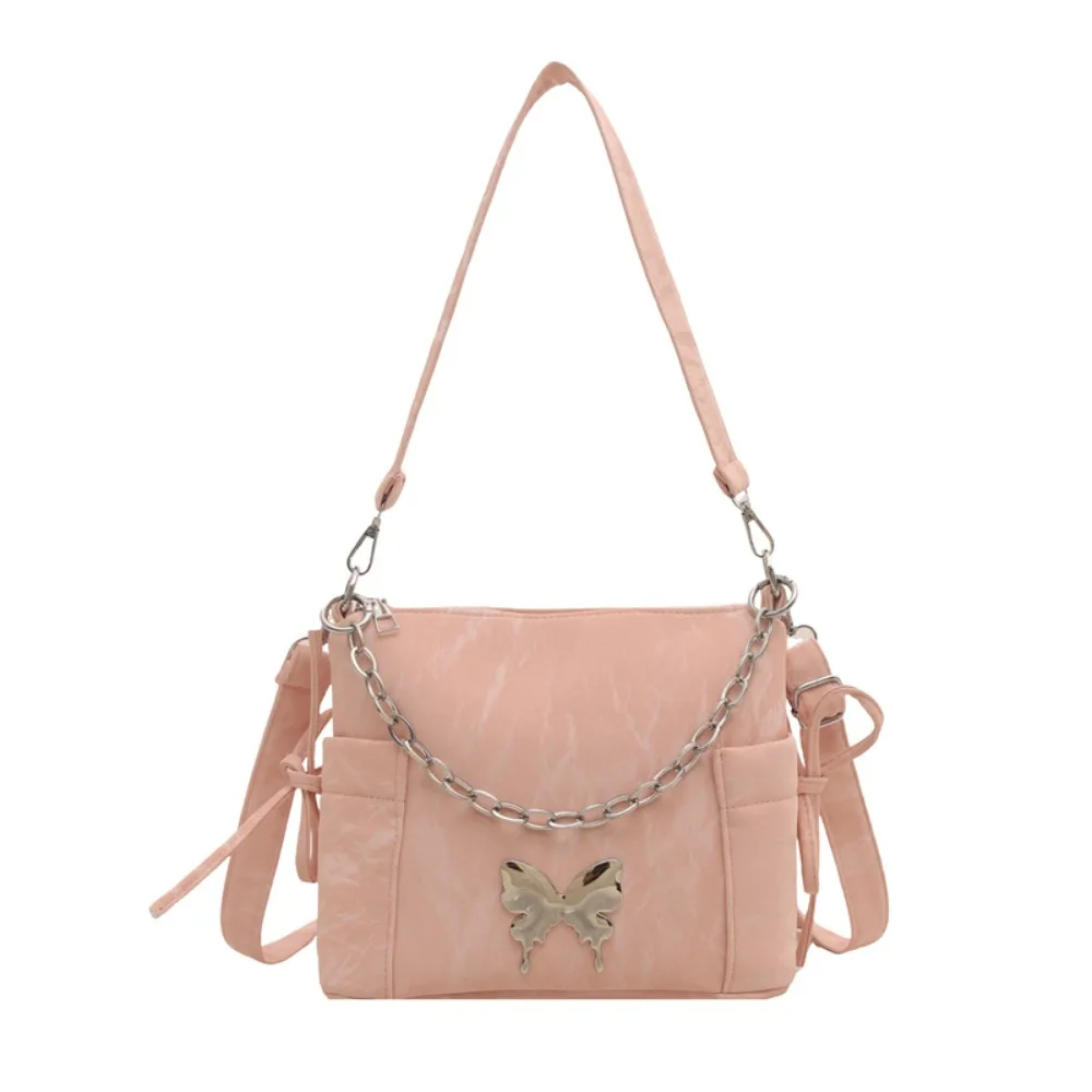 

Butterfly Decor Silver Butterfly Handbags Pearls Chain Solid Color Drawstring Shoulder Bag Metal Chain Korean Style