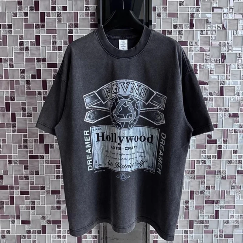 

Trendy High Street T-shirts Vintage Pattern Letter Print Short Sleeve Wash Do Old American Summer Loose Cotton T-shirt