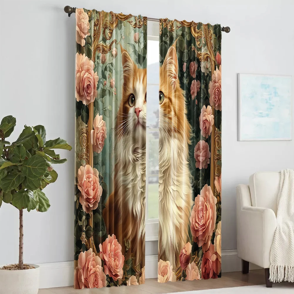 2 pcs, versatile polyester transparent curtains for home decoration Rose Cat for use in bedrooms and living rooms