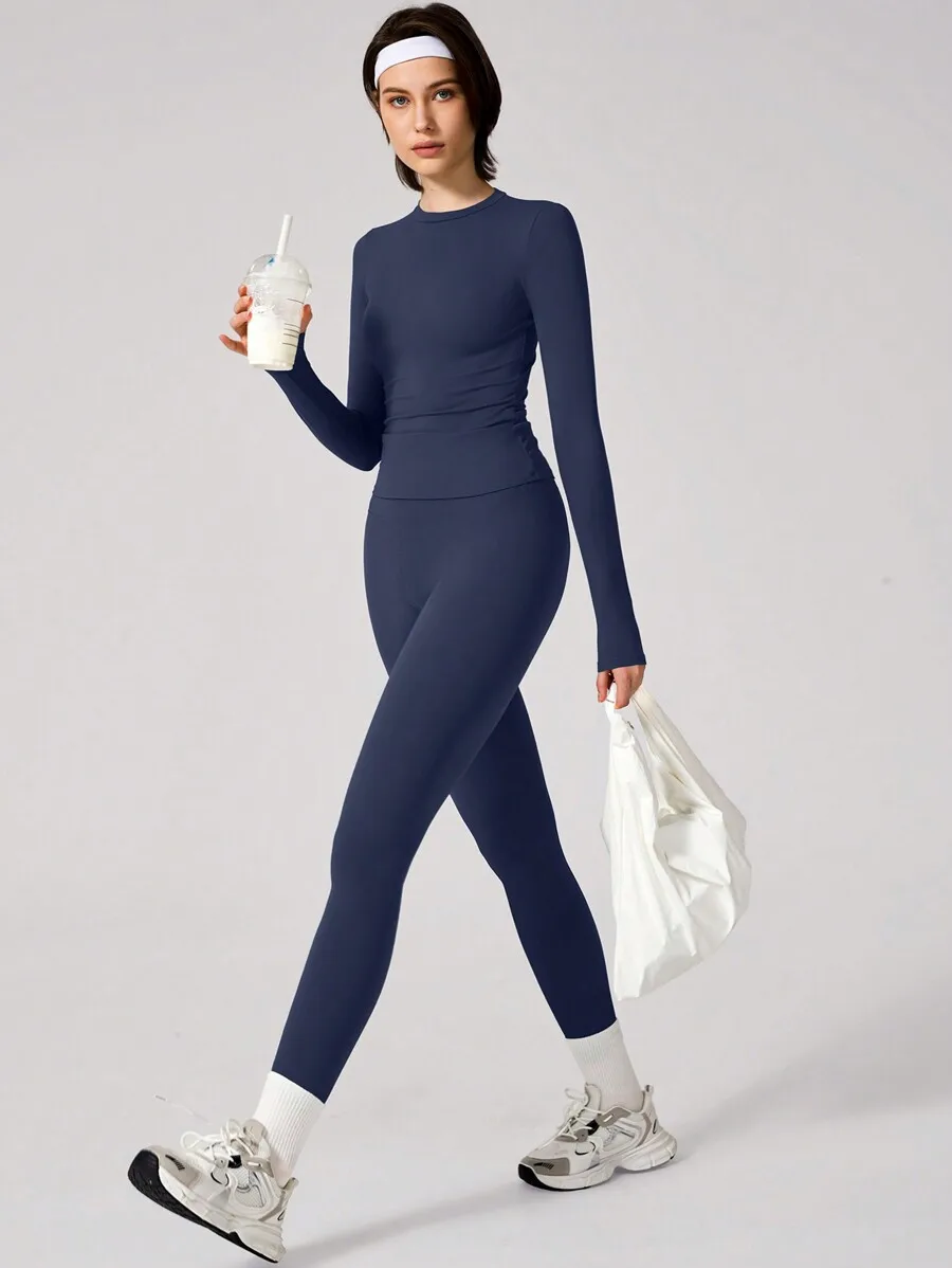 

Women Solid Color Long Sleeve Sports Set Yoga Leggings Daily Wear