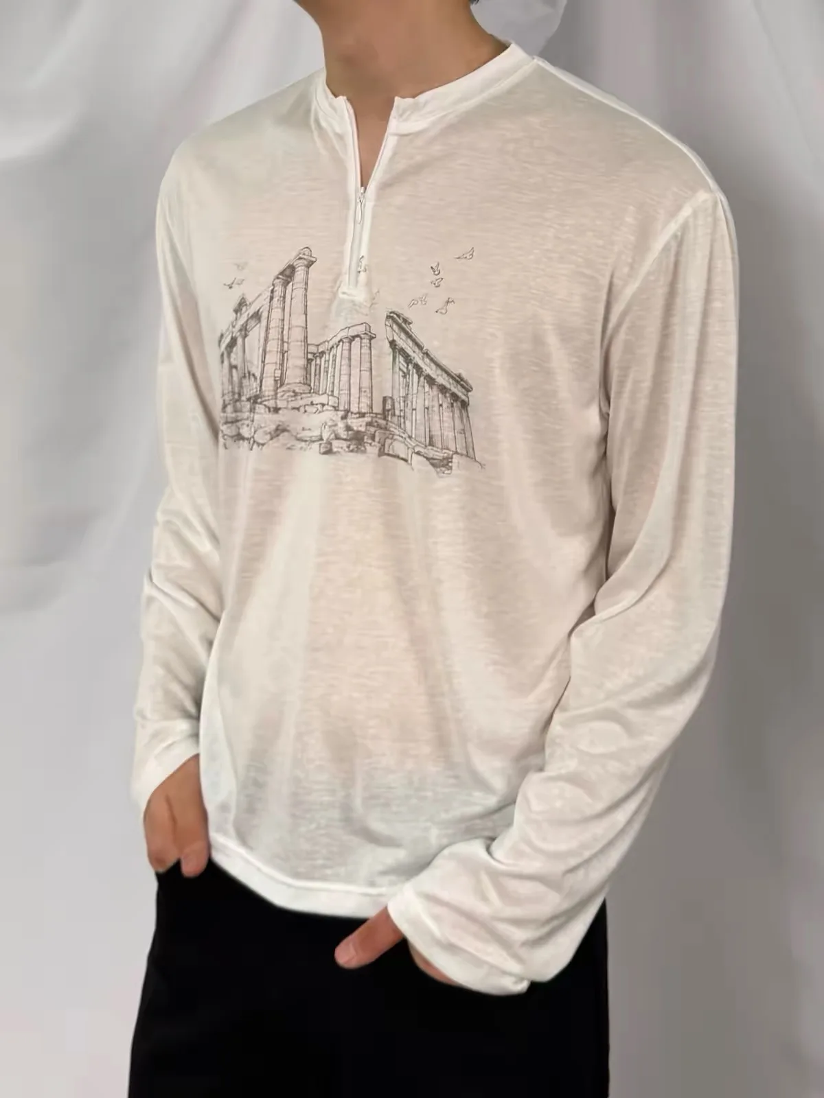 Silky Smooth Half Zip Light Weight Long Sleeve Men's Cover up Summer Snowflake Texture Commute Friendly Loose Fit T-Shirt