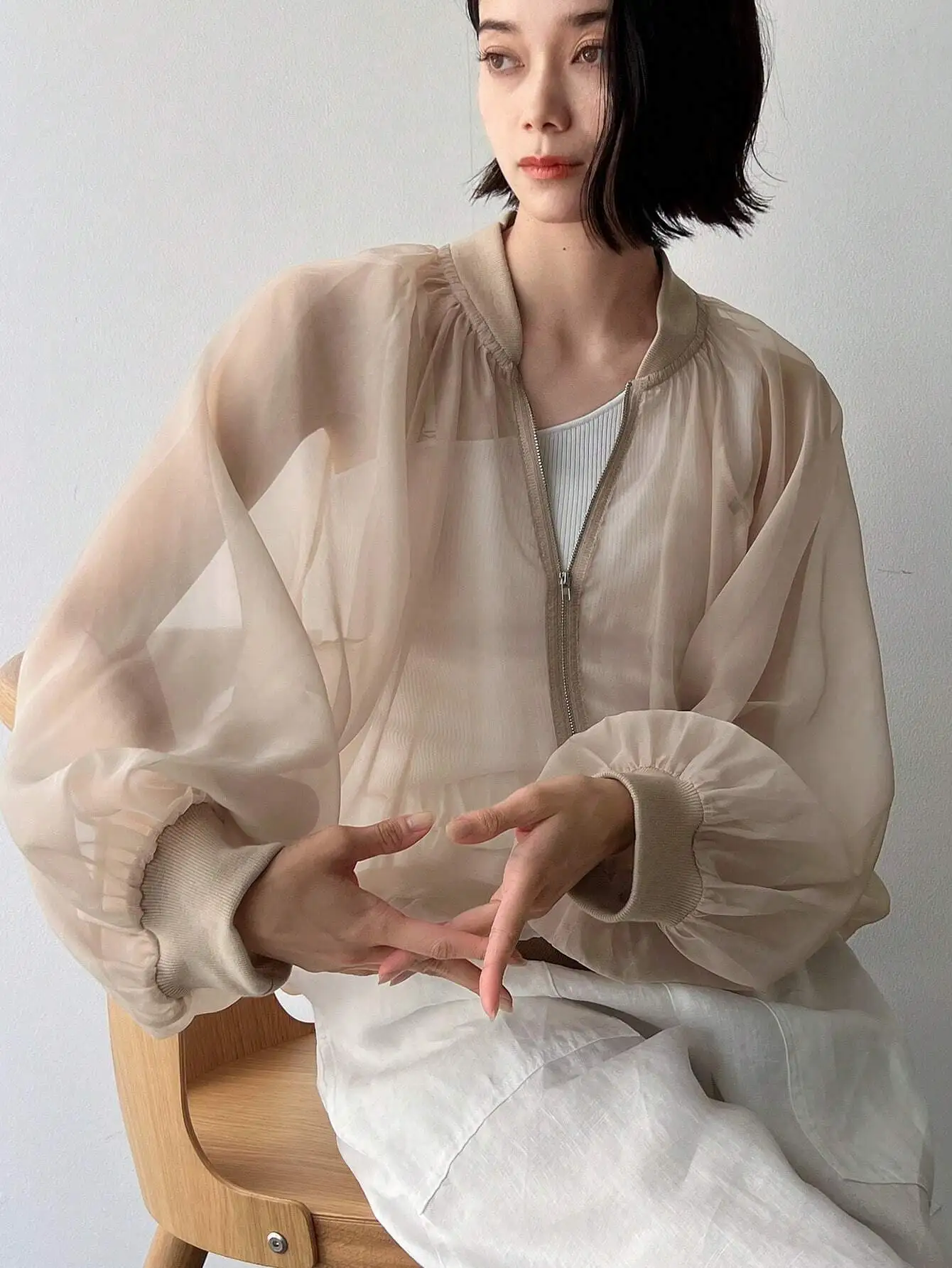 

Sheer Long Sleeve Zip-Up Bomber Jacket for Women, Lightweight & Flowy, Casual Chic Style