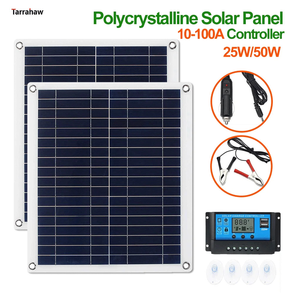 

Solar Panel 25W+50A/100A Controller Polycrystalline Silicon 5V 2USB 18V DC Output Photovoltaic Power Plate Portable PV Cells Kit