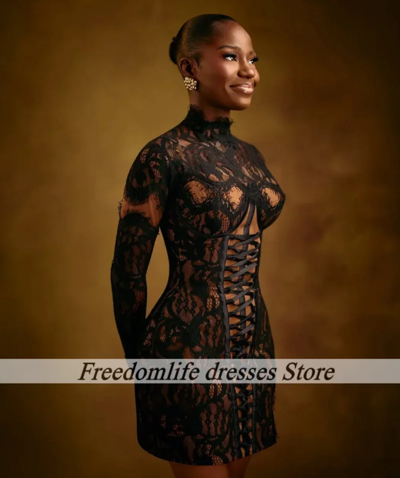 Schwarze neue kurze Ballkleider für Mädchen, Stehkragen, lange Ärmel, Spitzenapplikation, bezauberndes Geburtstagspartykleid, afrikanische Mädchen, maßgeschneidert