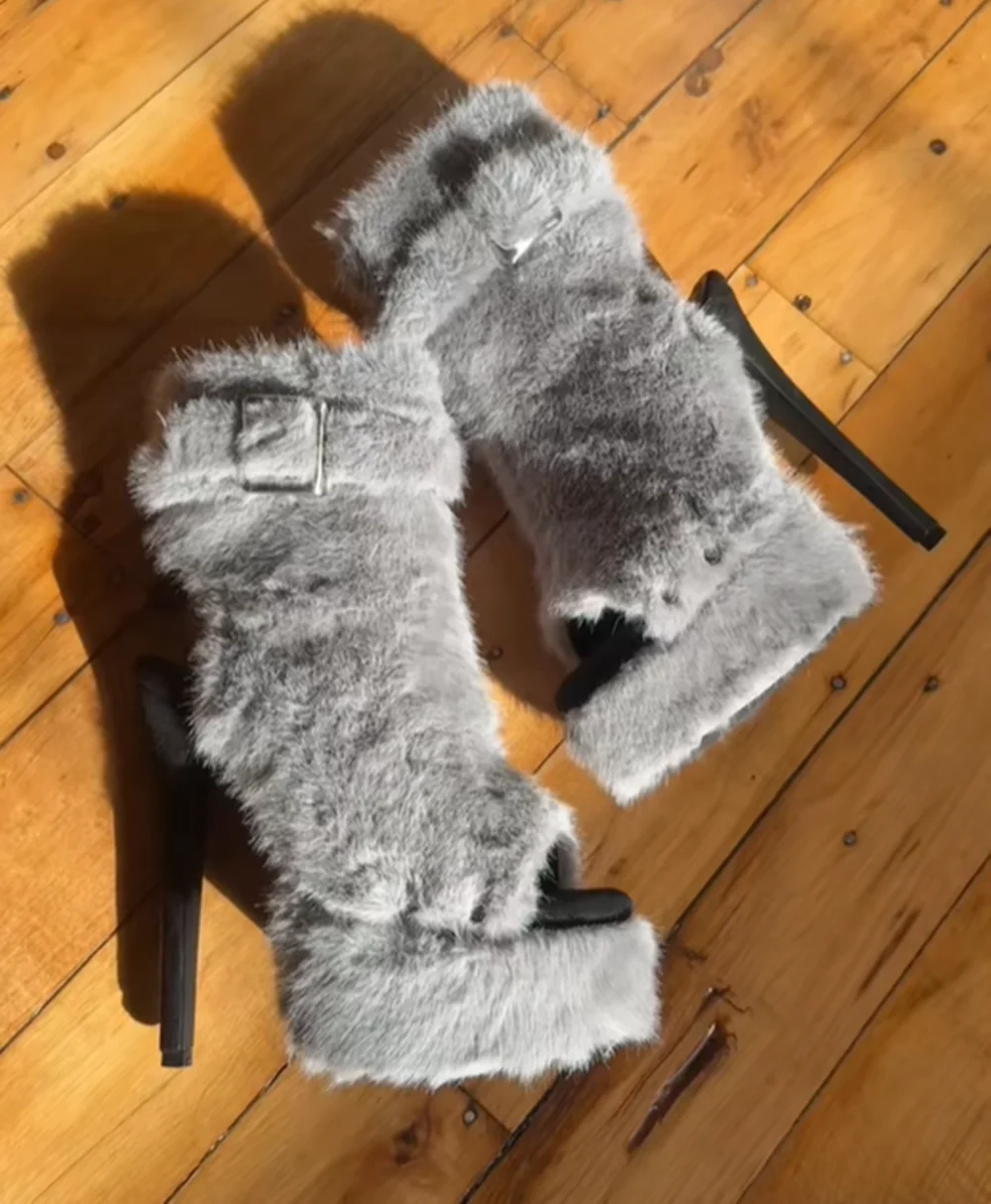 

Design Light Gray Faux Fur Open-Toe Ankle Boots Stiletto Heel Silver Buckle Strap Plush Soft Winter High Fashion Lady Boots