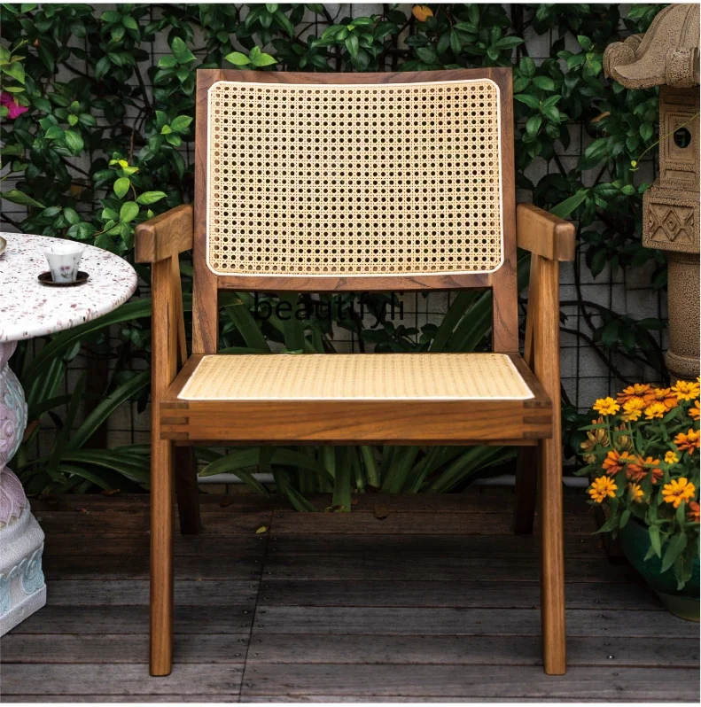 Chandigar Lawn Chair-Style Mid-Ancient Dining Chair with Backrest Rattan Teak Desk Chair