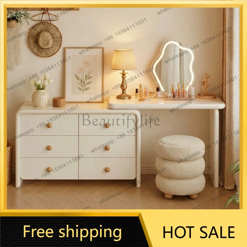 YJ Cream Style Wooden Vanity Table with Integrated Chest of Drawers Multifunctional Corner Writing Desk Makeup Dresser for Bedro