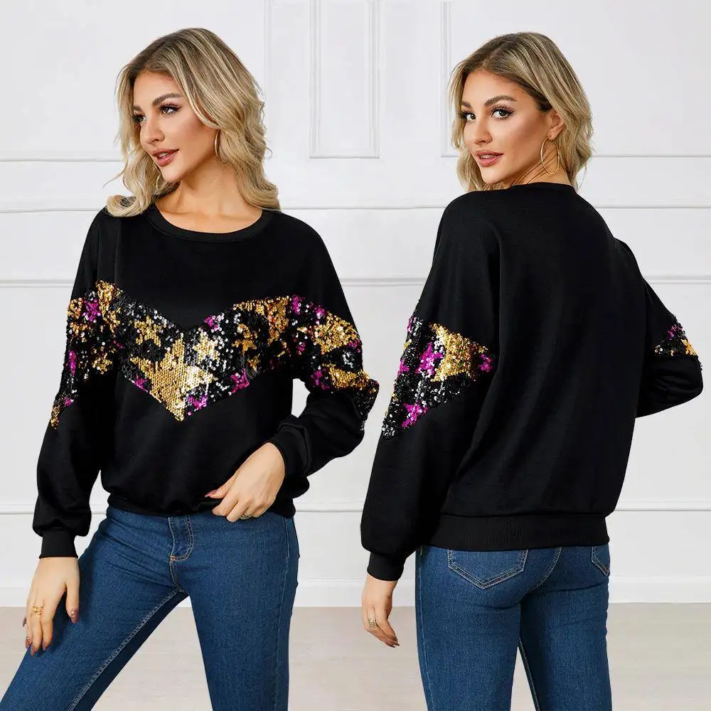 

Повседневная толстовка с длинными рукавами и круглым вырезом, украшенная блестящими звездами, осенне-зимняя модная женская кофта из комфортного мягкого материала