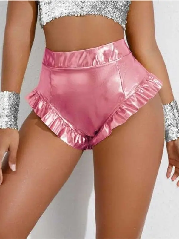Sexy High Waist Gold Embossed Shorts for Women Fashionable Ruffle Casual Pants mid Low Waist PVC Material Other Material 100