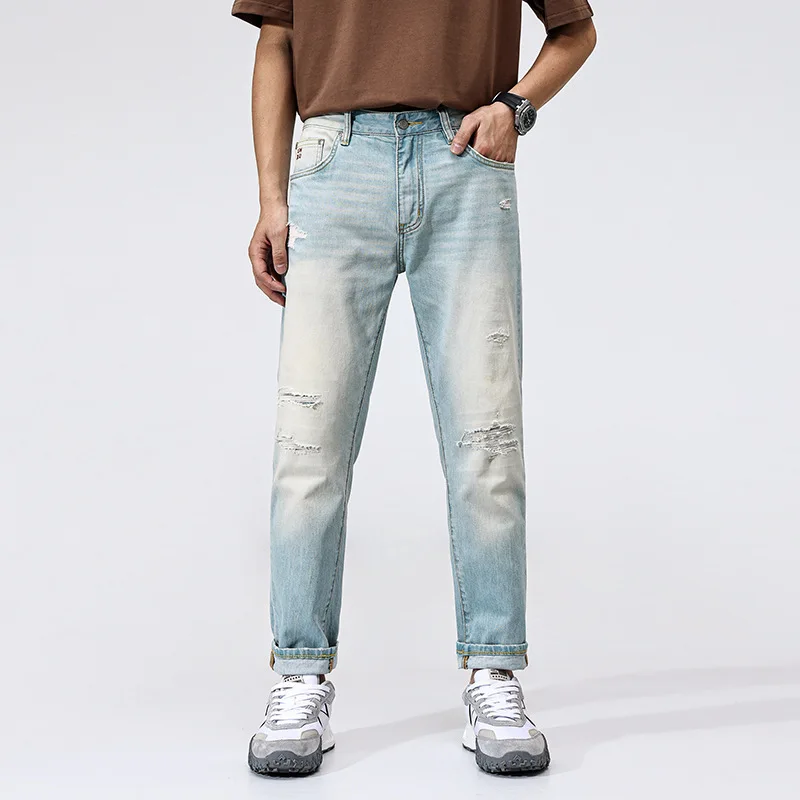 

High quality slim fit light blue ripped pants for young Japanese comfortable jeans skinny jeans men clothing cargo jeans