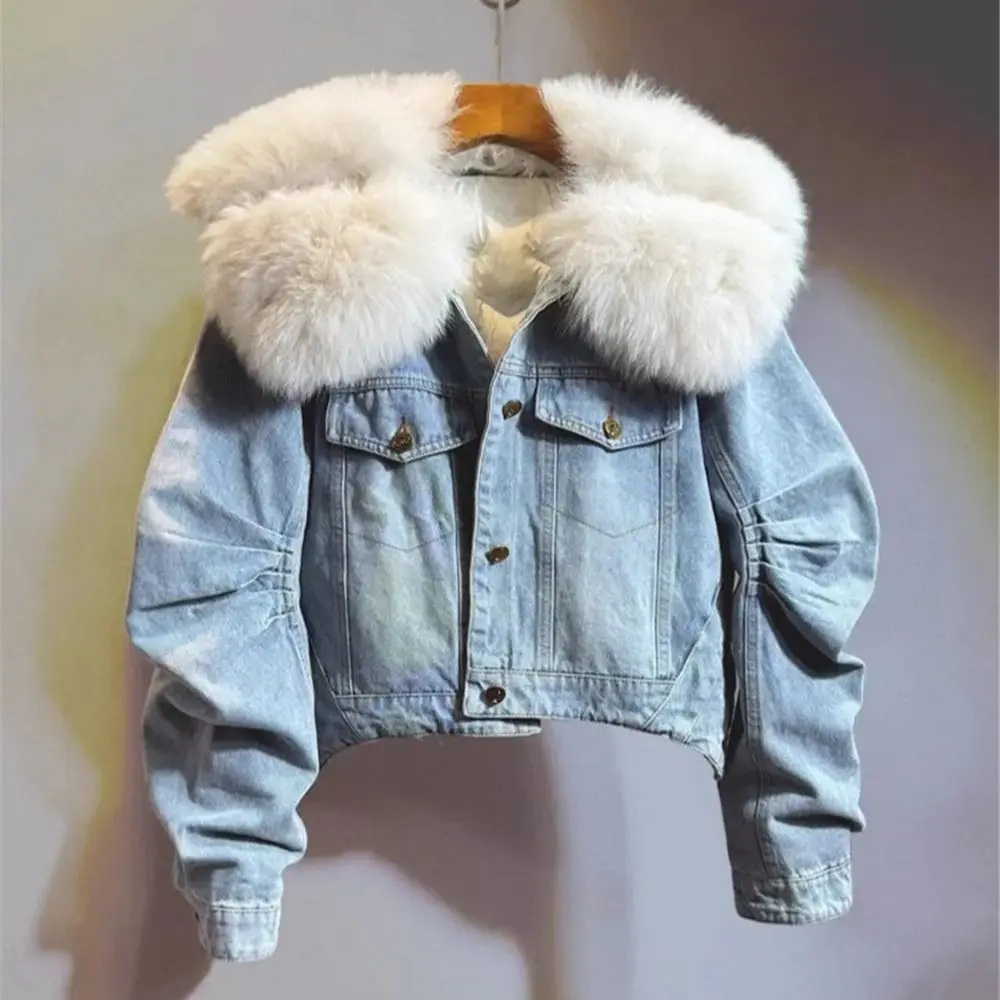 

Real Fox Fur Parkas Spliced Down lining Thickened Large Fur Collar Denim Fur Coats for Women Warm Female Outwear Y4731