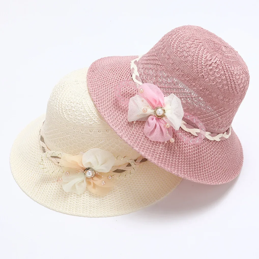 Pearl Flower Women Lace Sun Bucket Cap for Ladies Summer Beach Seaside Foldable Hollow Breathable Sunscreen Straw Hat Protection