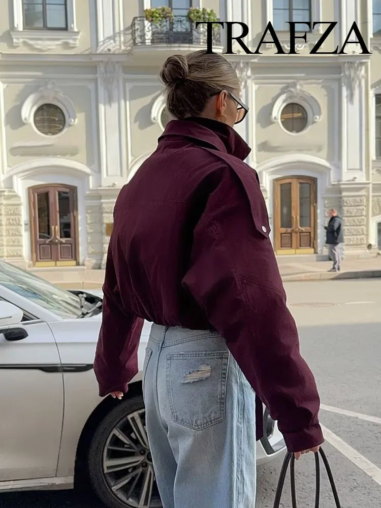 

TRAFZA 2025 Female Fashion Long Sleeves Jackets Solid Turn-Down Collar Bow Lace-Up Zipper Women's Autumn Streetwear Style Jacket