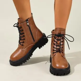 Short boots women's 2025 autumn/winter British style patent leather thick soled lace up midsole motorcycle boots
