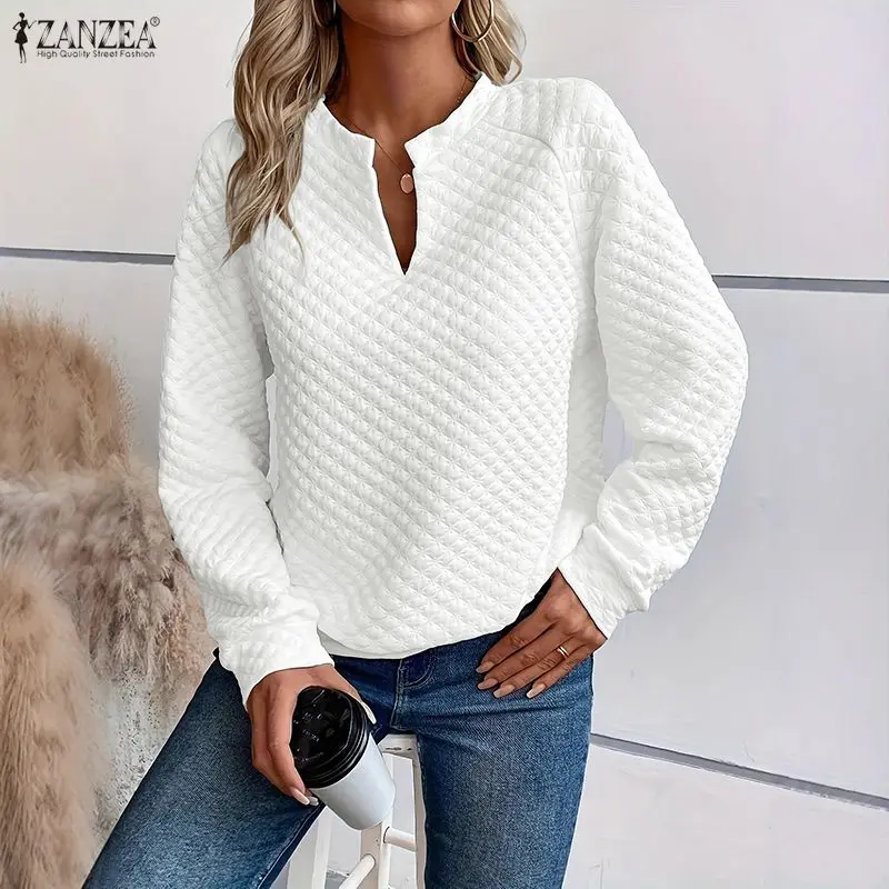 ZANZEA Vrouwen Herfst Sweatshirts Mode V-hals Lange Mouw Effen Jumpers 2026 Casual Losse Truien Vrouwelijke Streetwear Tops