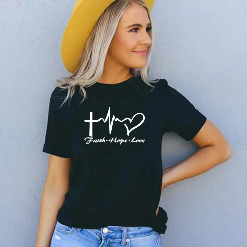 

Женская круглая футболка Faith Hope Love Ne с буквенным принтом, хлопковая повседневная уличная летняя футболка ort Sve, свободная футболка