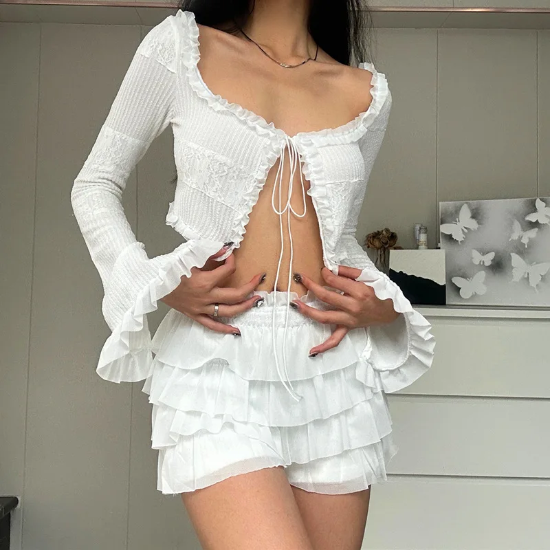 Y2k Knit Splice White 2 Piece Sets Women Outfit Sexy Long Sleeve Tops and Mini Tiered Skirts Suits 2024 Summer Nightclub Wear