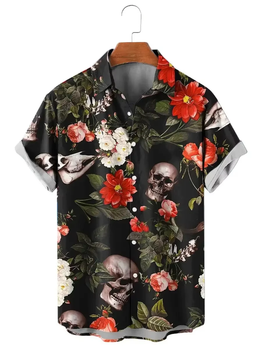 Fashion Skull Floral Men's Shirts Funny Skull 3D Print Streetwear Short Sleeve Tees Hawaiian Shirt Summer Casual Men Clothes
