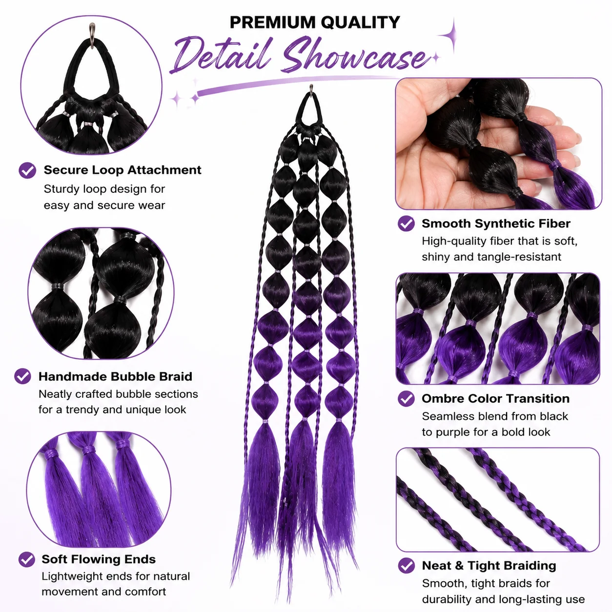 55cm 22 Zoll Bubble Braids Haarverlängerung Synthetischer Geflochtener Pferdeschwanz Haarteil mit Schlaufenbefestigung für Damen Festival Party Frisur – Detail 4
