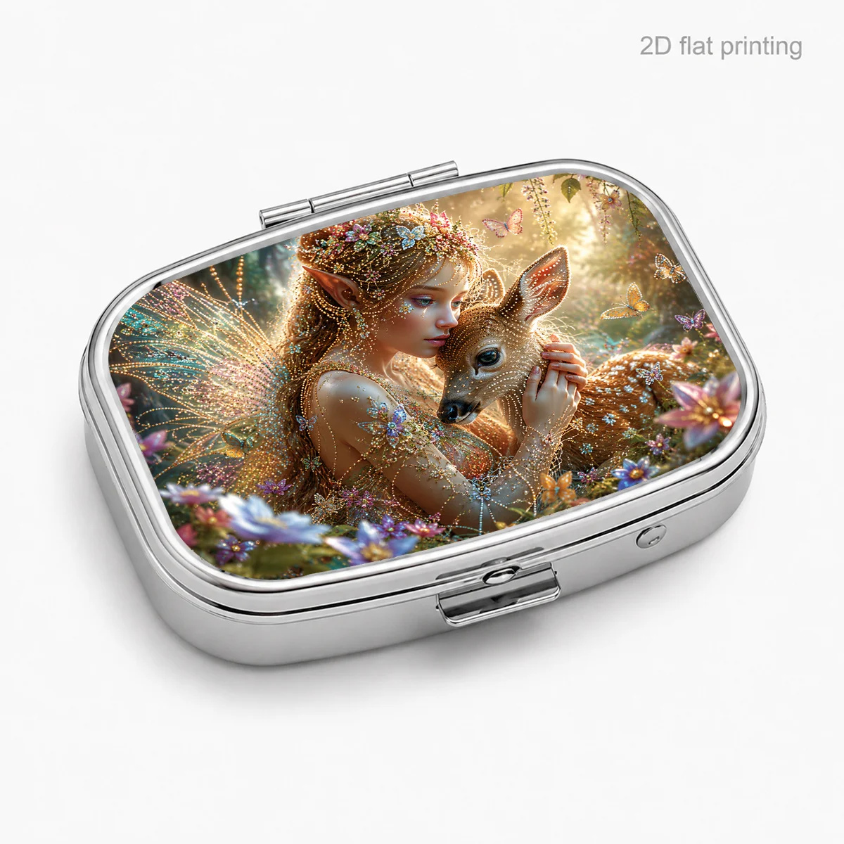 Gemstone-Colored Winged Character Illustration with Deer Pattern, Portable Pill Box for Daily Travel, Square Moisture-Proof Small Pill Box, Multifunctional Storage Box for Vitamins and Supplements, Small Jewelry Organizer, Waterproof Pill Storage Box, Holiday Gifts, Souvenirs, Prizes, Small Gifts, Suitable for Personal Use or as an Exquisite Gift Choice