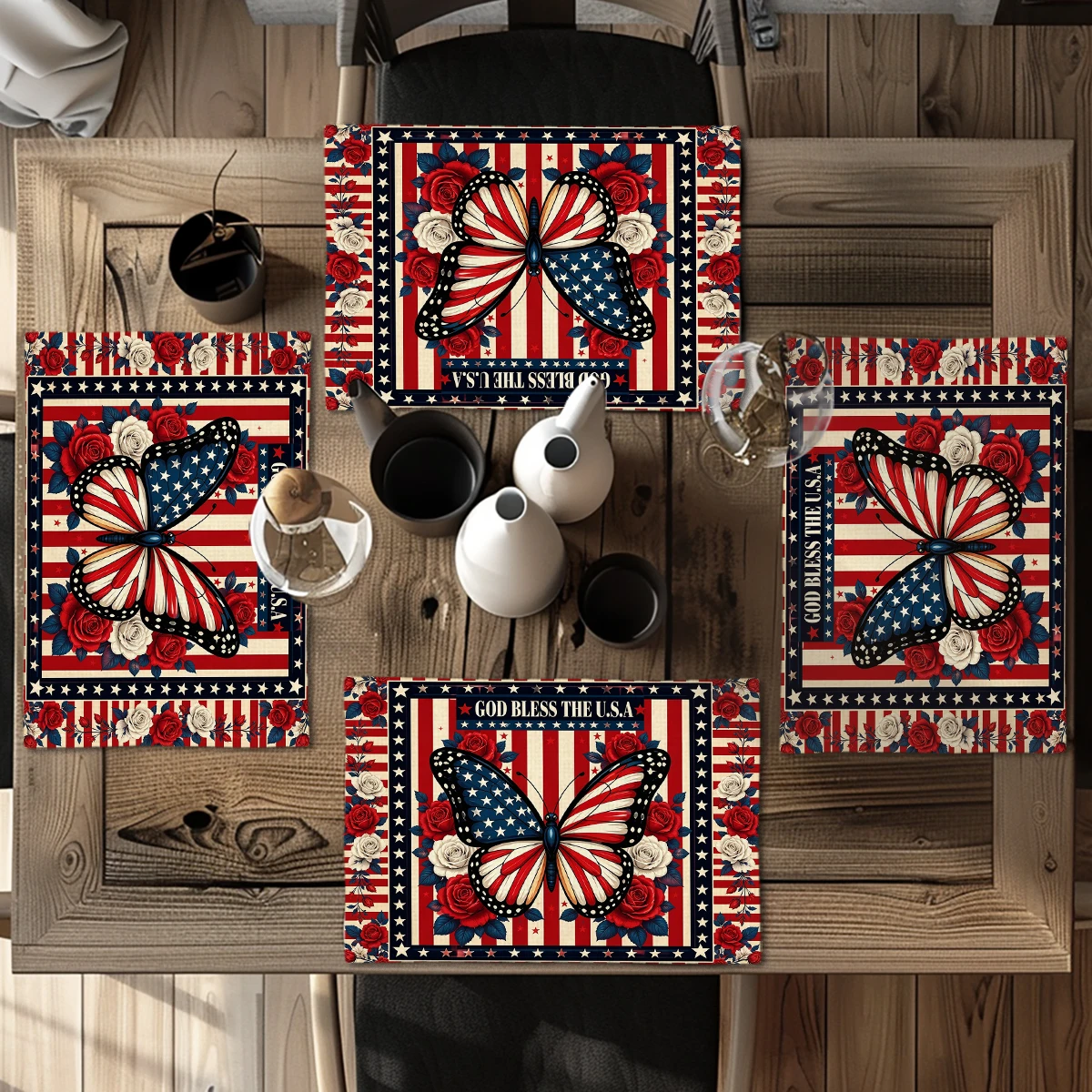 Patriotic Floral & American Flag Pattern Polyester Placemats & Coasters - Festive Table Decor for Home, Party and Daily Use