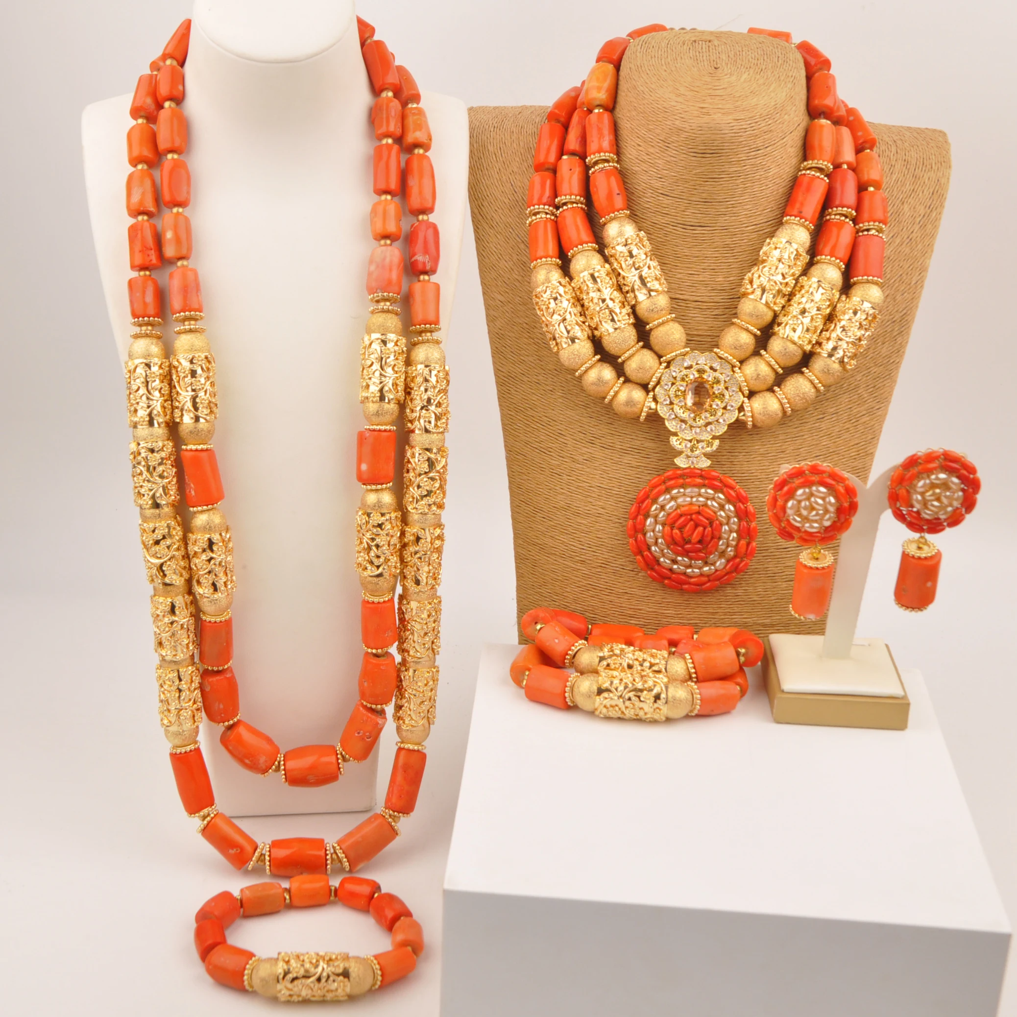 Nigerian Traditional Wedding Sets Natural Orange Coral Beads African Couple Jewelry sets