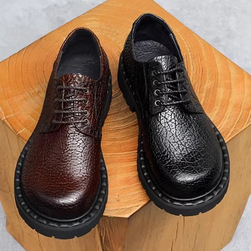 High Quality Men's large Round-toe Leather Shoes Lace-up Work Shoes With Thick Soles First-layer Cowhide Business Formal Shoes