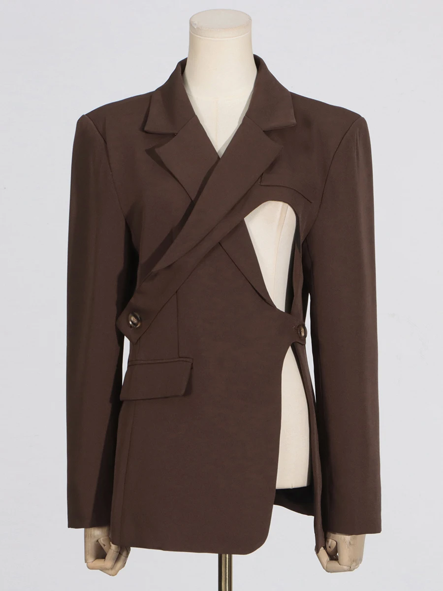 VGH Asymmetrical Hollow Out Chic Blazer For Women Lapel Long Sleeve Patchwork Button Slimming Jackets Female Fashion Style New