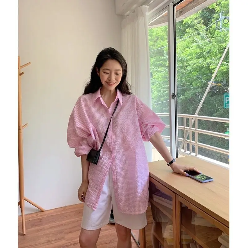 

Женская свободная длинная рубашка Ele Plaid Bubble Texture в клетку, прямого кроя, из смесового хлопка и полиэстера, повседневная, в стиле Dongda Gate