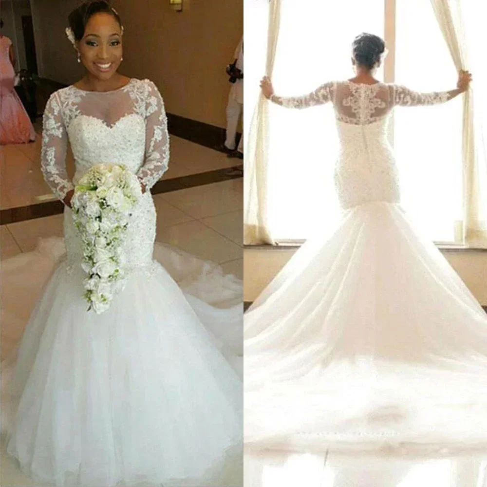 Customized New Arrival Africa Design Long Sleeves Beads Mermaid Wedding Dress Plus Size Customized Bridal Gowns