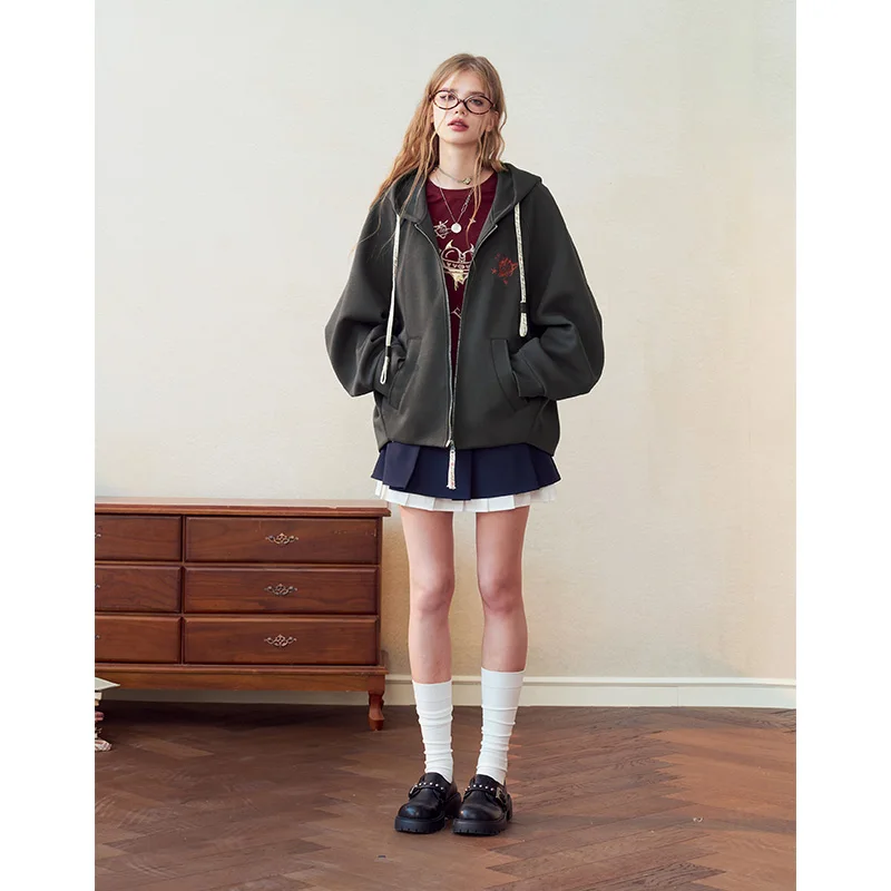 ELFSACK Women's Vintage Zip-Up Hoodie with Planet Graphic, Dark Grey Loose Outerwear for Everyday Casual Wear