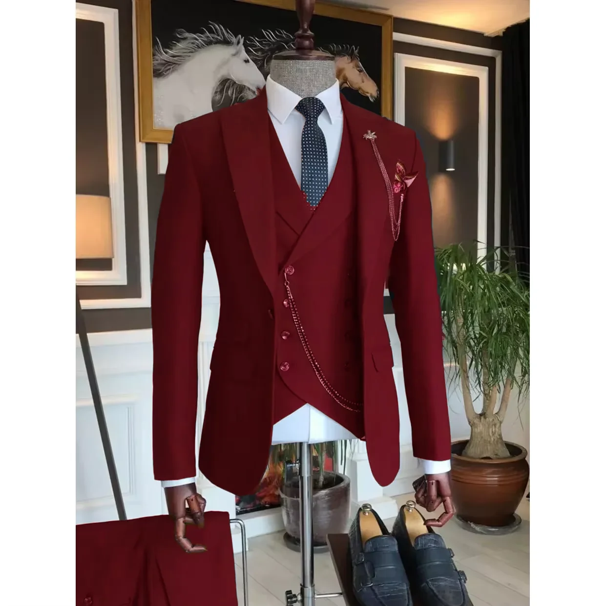 Blazer de luxo masculino ternos azul marinho único breasted xale lapela fino ajuste negócios casual jaqueta de casamento calças colete três peças