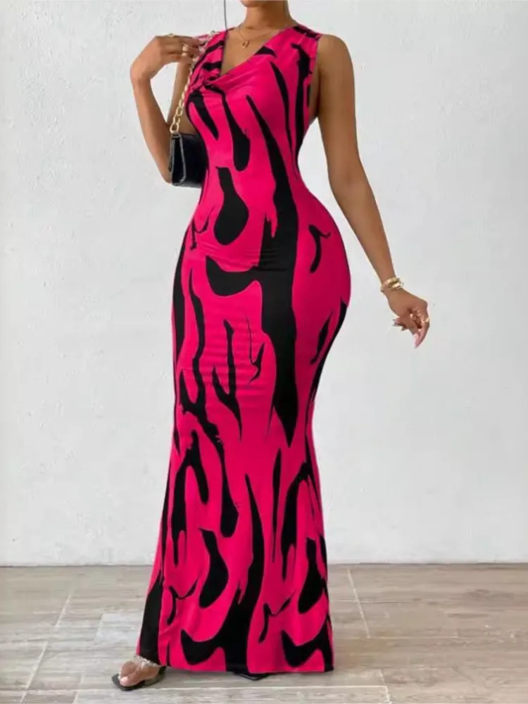 Sexy Women\'s Bodycon Package Hip Long Dress Summer Pile Collar Print Sleeveless Slim Skinny Casual Party Maxi Dress Femme Robe