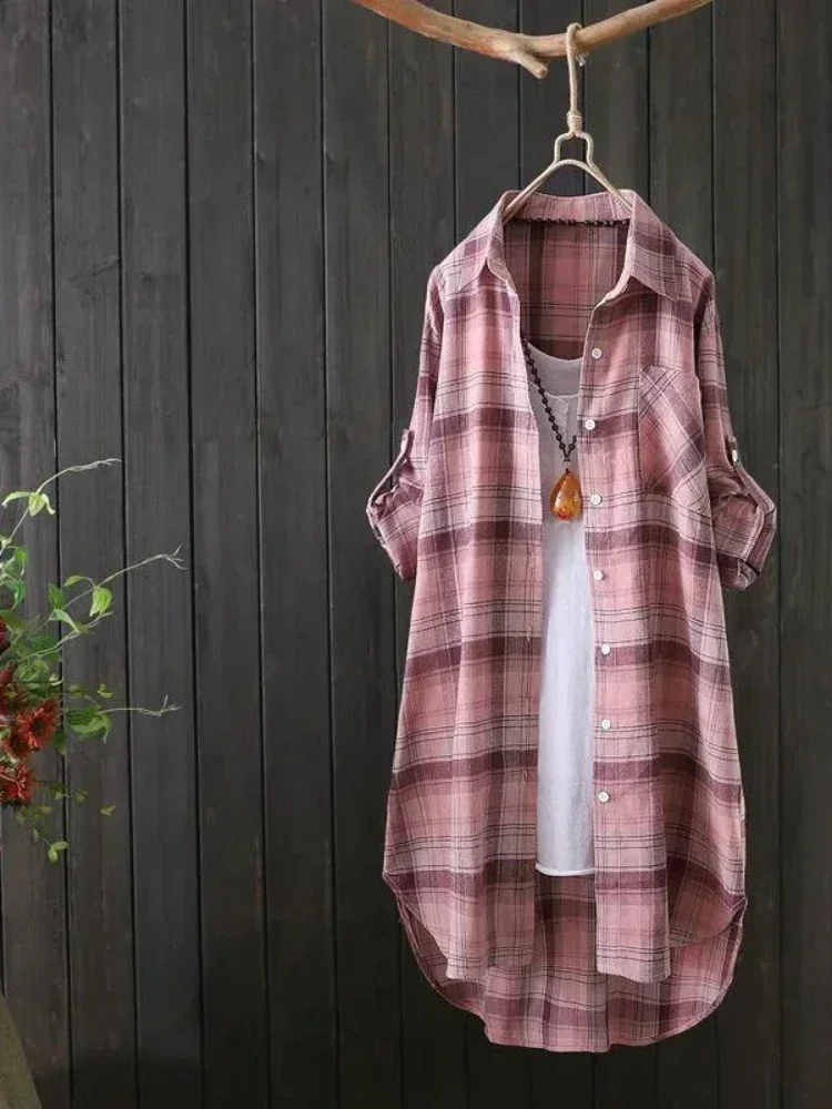 

Плотная клетчатая блузка средней длины для женщин, свободная женская одежда, винтажная рубашка в корейском стиле, зимняя блузка с длинным рукавом