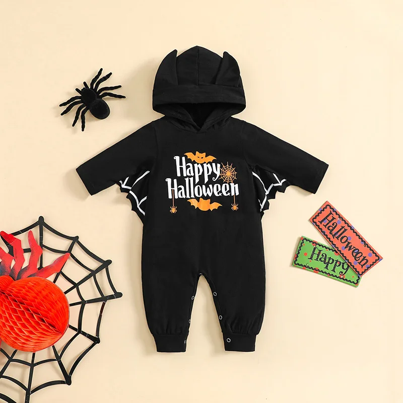 

Adorable Infant Halloween Costume Cute Hooded Romper with Long Sleeves Spooky Bat and Spider Web Print Cozy Jumpsuit for