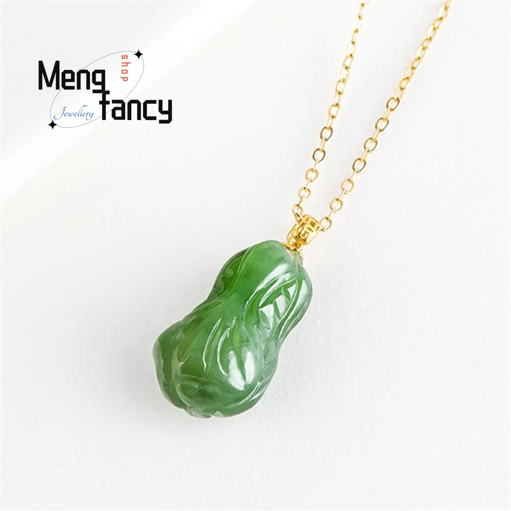 Spinach Green Old Material Hetian Jade Jasper Cabbage Bai Cai Pendant 18K Gold Buckle Natural Jade Pendant Necklace Female