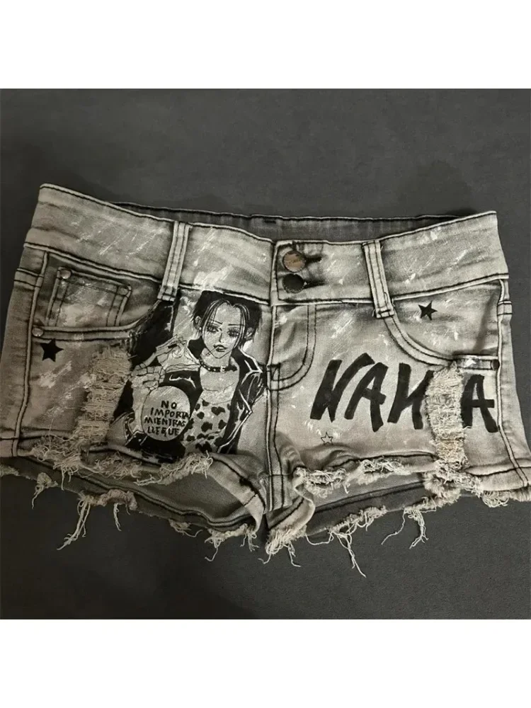 Moda coreana cintura baixa picante menina borla calças quentes verão retro angustiado fino ajuste impresso high street shorts jeans feminino
